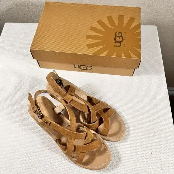 NIB Ugg Wedge High Heel Strappy Sandals Size 9 Brown Leather‎ - Picture 4 of 16